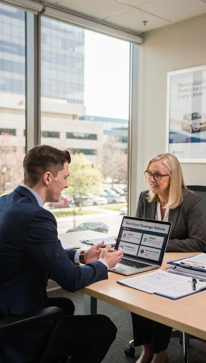 A young driver reviewing auto insurance options with a laptop open.