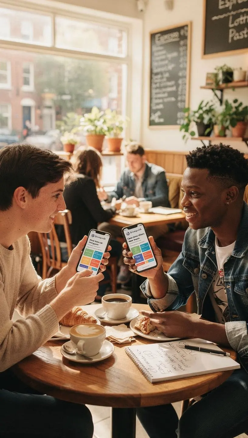 A group of diverse new drivers discussing their experiences with auto insurance coverage.